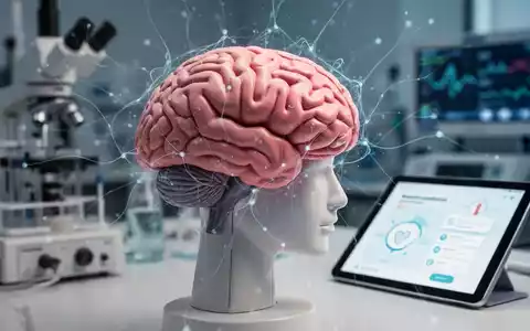 Ein verschwommenes Modell eines menschlichen Gehirns mit digitalen Linien, darüber medizinische Geräte und eine Tablet-App. - Foto: über boerse-global.de