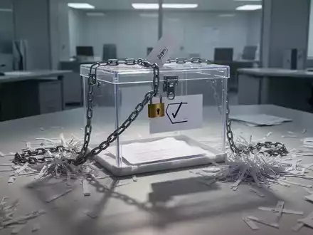 Eine verschlossene Wahlurne, umgeben von geschredderten Stimmzetteln, in einem sterilen Büroumfeld. Symbolisiert Wahlmanipulation und Misstrauen. - Foto: über boerse-global.de