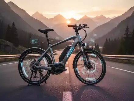 Ein leichtes E-Bike auf einer kurvigen Straße in einer bergigen Landschaft bei Sonnenaufgang, das Technologie und sicheres Training symbolisiert. - Foto: über boerse-global.de