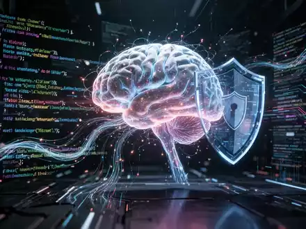 Abstraktes Bild von Code um ein leuchtendes KI-Gehirn, mit digitalen Sicherheitsschildern und Datenströmen, symbolisiert KI-Code-Review und Cybersicherheit. - Foto: über boerse-global.de