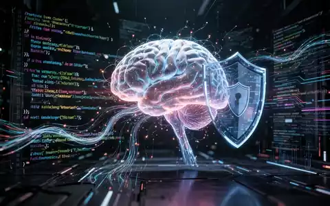 Abstraktes Bild von Code um ein leuchtendes KI-Gehirn, mit digitalen Sicherheitsschildern und Datenströmen, symbolisiert KI-Code-Review und Cybersicherheit. - Foto: über boerse-global.de
