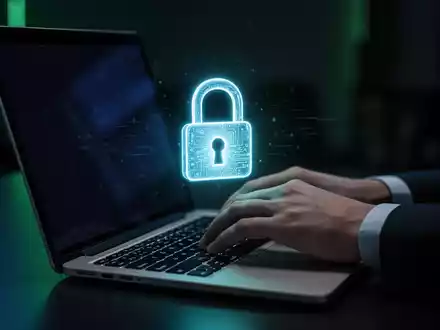 Eine Person tippt auf einem Laptop, mit einem leuchtenden Vorhängeschloss-Symbol auf dem Bildschirm, das digitale Sicherheit und Authentifizierung darstellt. - Foto: über boerse-global.de