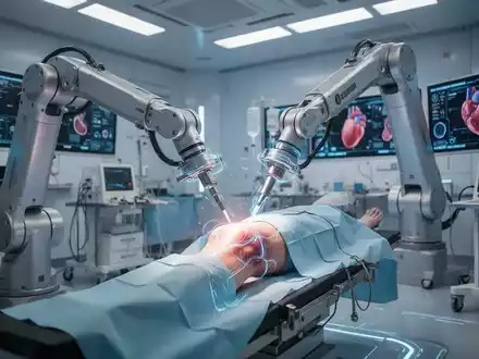 Ein robotergestützter Arm, der bei einer Knieoperation in einem modernen Operationssaal assistiert, was Präzision und Innovation in der Medizin symbolisiert. - Foto: über boerse-global.de