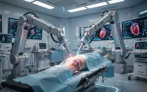 Ein robotergestützter Arm, der bei einer Knieoperation in einem modernen Operationssaal assistiert, was Präzision und Innovation in der Medizin symbolisiert. - Foto: über boerse-global.de