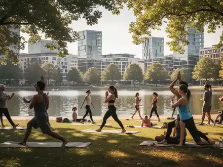 Menschen praktizieren Yoga und entspannen in einem Park in Mannheim, mit klarem See und Stadtarchitektur im Hintergrund. - Foto: über boerse-global.de
