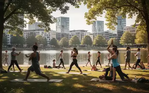Menschen praktizieren Yoga und entspannen in einem Park in Mannheim, mit klarem See und Stadtarchitektur im Hintergrund. - Foto: über boerse-global.de