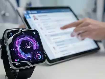 Eine Nahaufnahme einer Smartwatch, die Gesundheitsdaten anzeigt, im Hintergrund verschwommen eine Hand, die einen Tablet-PC bedient. - Foto: über boerse-global.de