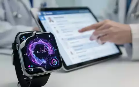Eine Nahaufnahme einer Smartwatch, die Gesundheitsdaten anzeigt, im Hintergrund verschwommen eine Hand, die einen Tablet-PC bedient. - Foto: über boerse-global.de