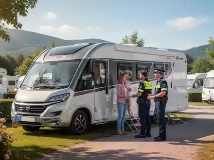 Ein modernes Wohnmobil oder Wohnwagen auf einem Campingplatz, im Gespräch mit einem Polizisten über Sicherheitsmaßnahmen. - Foto: über boerse-global.de