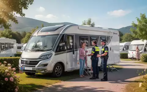Ein modernes Wohnmobil oder Wohnwagen auf einem Campingplatz, im Gespräch mit einem Polizisten über Sicherheitsmaßnahmen. - Foto: über boerse-global.de