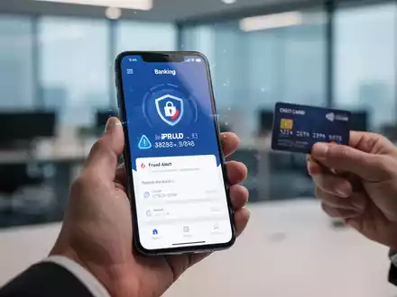 Eine Hand hält ein Smartphone mit Betrugswarnung in einer Banking-App, in der anderen Hand eine Kreditkarte. - Foto: über boerse-global.de