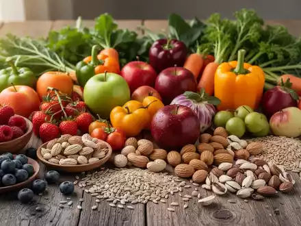 Nahaufnahme von frischen, bunten pflanzlichen Lebensmitteln wie Gemüse, Obst und Nüssen auf einem Holztisch. - Foto: über boerse-global.de