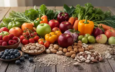 Nahaufnahme von frischen, bunten pflanzlichen Lebensmitteln wie Gemüse, Obst und Nüssen auf einem Holztisch. - Foto: über boerse-global.de