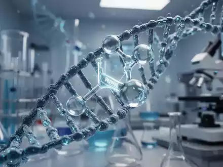 Eine DNA-Helix verwebt sich mit einem stilisierten Insulinmolekül vor einem verschwommenen Hintergrund mit Laborgeräten. - Foto: über boerse-global.de