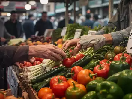 Hände wählen sorgfältig frisches, aber preisgünstiges Gemüse an einem Marktstand aus, im Hintergrund verschwommene Personen. - Foto: über boerse-global.de