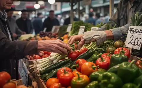 Hände wählen sorgfältig frisches, aber preisgünstiges Gemüse an einem Marktstand aus, im Hintergrund verschwommene Personen. - Foto: über boerse-global.de