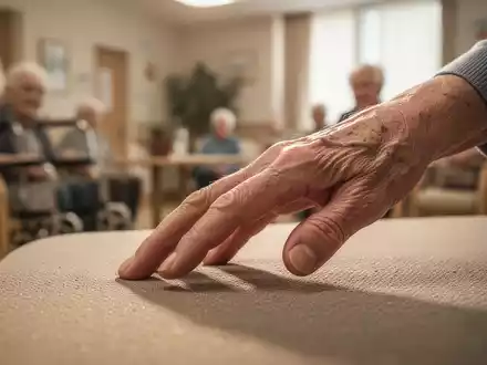 Eine ältere Hand berührt sanft eine strukturierte Oberfläche, im Hintergrund verschwommen eine Pflegeeinrichtung. - Foto: über boerse-global.de