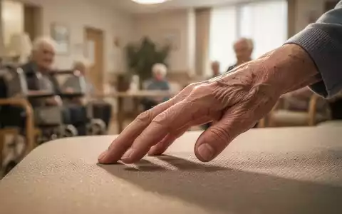 Eine ältere Hand berührt sanft eine strukturierte Oberfläche, im Hintergrund verschwommen eine Pflegeeinrichtung. - Foto: über boerse-global.de