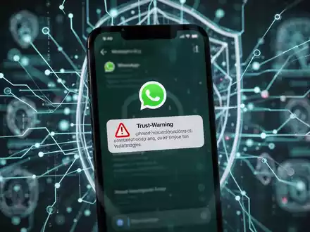 Ein Smartphone zeigt eine WhatsApp-Warnmeldung vor einem Hintergrund aus stilisierten digitalen Sicherheitsmerkmalen und leuchtenden Linien. - Foto: über boerse-global.de