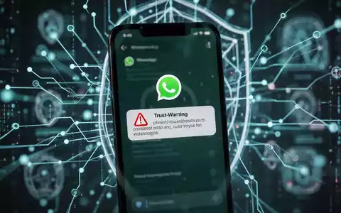 Ein Smartphone zeigt eine WhatsApp-Warnmeldung vor einem Hintergrund aus stilisierten digitalen Sicherheitsmerkmalen und leuchtenden Linien. - Foto: über boerse-global.de