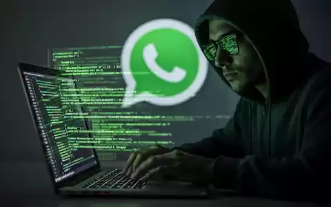 Verschwommene Gestalt in Kapuzenjacke tippt auf Laptop mit grün leuchtendem Code, symbolisiert Cyberangriff auf WhatsApp-Nutzer. - Foto: über boerse-global.de