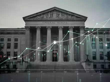 Grafische Darstellung von Wirtschaftspunkten, die sich einem Gebäude der Federal Reserve nähern und eine Datenausrichtung symbolisieren. - Foto: über boerse-global.de