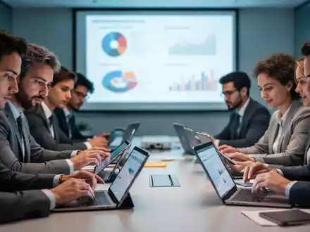Geschäftsleute in einem modernen Schulungsraum, die digitale Geräte verwenden und zusammenarbeiten. Datenvisualisierungen im Hintergrund. - Foto: über boerse-global.de