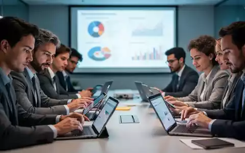 Geschäftsleute in einem modernen Schulungsraum, die digitale Geräte verwenden und zusammenarbeiten. Datenvisualisierungen im Hintergrund. - Foto: über boerse-global.de