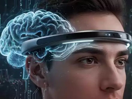 Ein futuristisches Smart-Stirnband auf dem Kopf einer Person, mit subtilen leuchtenden Linien, die Datenfluss andeuten, vor einem Hintergrund digitaler Gehirnaktivität. - Foto: über boerse-global.de
