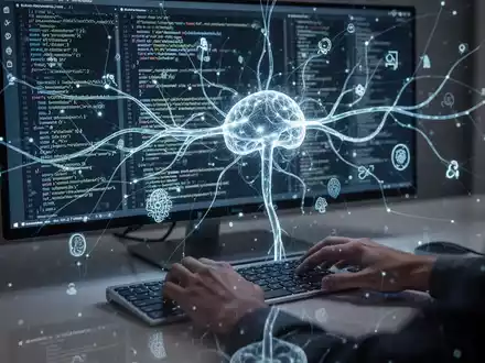 Entwickler-Bildschirm mit leuchtendem neuronalen Netz-Overlay, Codezeilen und tippenden Händen auf Tastatur. - Foto: über boerse-global.de