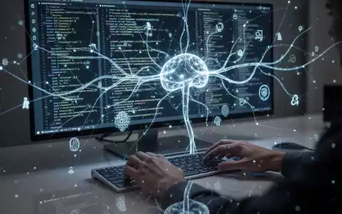 Entwickler-Bildschirm mit leuchtendem neuronalen Netz-Overlay, Codezeilen und tippenden Händen auf Tastatur. - Foto: über boerse-global.de