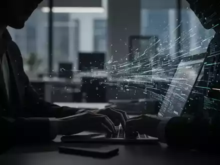 Eine schattenhafte Figur tippt auf einem Laptop, umgeben von digitalen Datenströmen, die auf Datenlecks hinweisen. - Foto: über boerse-global.de
