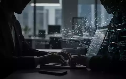 Eine schattenhafte Figur tippt auf einem Laptop, umgeben von digitalen Datenströmen, die auf Datenlecks hinweisen. - Foto: über boerse-global.de