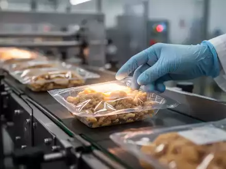 Eine Nahaufnahme einer Lebensmittelverpackung auf einem Förderband, die von einer sterilen, behandschuhten Hand inspiziert wird. - Foto: über boerse-global.de