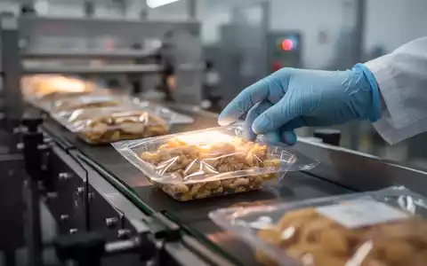 Eine Nahaufnahme einer Lebensmittelverpackung auf einem Förderband, die von einer sterilen, behandschuhten Hand inspiziert wird. - Foto: über boerse-global.de