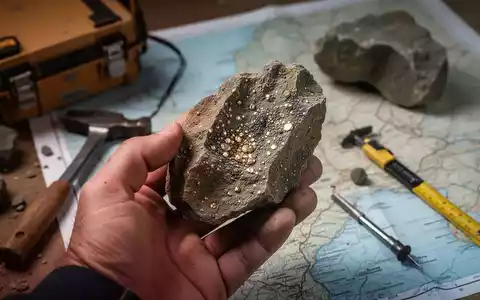 Nahaufnahme einer Hand, die einen Bohrkern mit metallischen Sprenkeln hält, im Hintergrund geologische Werkzeuge und eine Karte. - Foto: über boerse-global.de