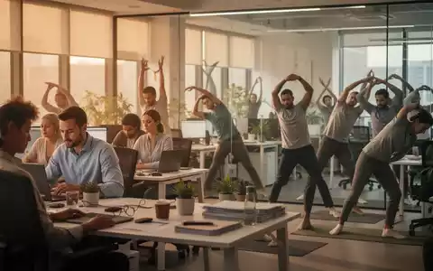 Eine Gruppe von Menschen in einem modernen Büro, einige arbeiten konzentriert, andere machen achtsame Dehnübungen. - Foto: über boerse-global.de