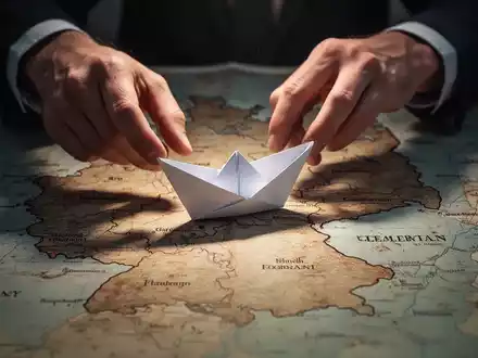 Hände legen ein Origami-Boot auf eine Karte Deutschlands, das die Verteilung von Vermögen und Entscheidungen symbolisiert. - Foto: über boerse-global.de