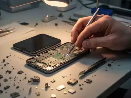 Hände reparieren die Platine eines Smartphones auf einer Werkbank, umgeben von Werkzeugen und Ersatzteilen. - Foto: über boerse-global.de