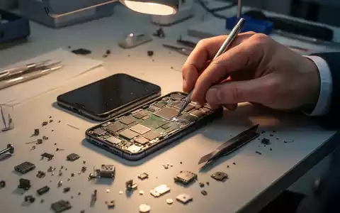 Hände reparieren die Platine eines Smartphones auf einer Werkbank, umgeben von Werkzeugen und Ersatzteilen. - Foto: über boerse-global.de