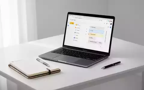 Sauberer Schreibtisch mit Laptop (Google Keep), Notizbuch und Stift, symbolisiert digitale Organisation und Produktivität. - Foto: über boerse-global.de