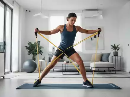 Eine Person führt ein Ganzkörper-Widerstandsband-Workout in einem modernen Heim-Fitnessstudio durch, das Bewegung und Muskelengagement hervorhebt. - Foto: über boerse-global.de