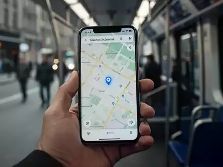 Eine Hand hält ein Smartphone, dessen Bildschirm eine Karte mit einem leuchtenden Standortpunkt anzeigt. Der Hintergrund ist unscharf und deutet auf eine Stadt oder einen Bus hin. - Foto: über boerse-global.de