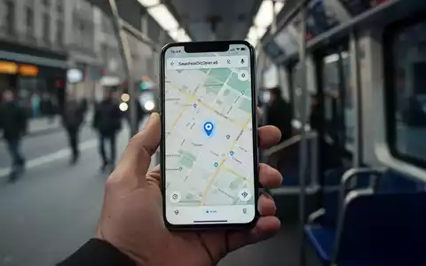 Eine Hand hält ein Smartphone, dessen Bildschirm eine Karte mit einem leuchtenden Standortpunkt anzeigt. Der Hintergrund ist unscharf und deutet auf eine Stadt oder einen Bus hin. - Foto: über boerse-global.de