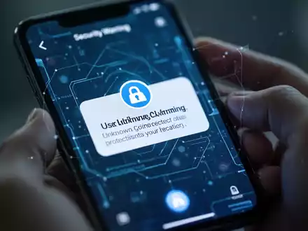 Nahaufnahme eines Smartphone-Bildschirms mit Sicherheitswarnung vor unbekanntem Kontakt, unscharfe Hände halten das Gerät. - Foto: über boerse-global.de