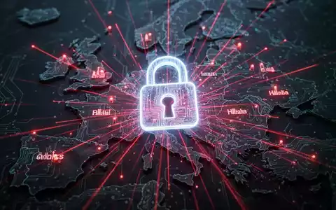 Leuchtendes digitales Schloss-Symbol über dunkler, leiterplattenartiger Europakarte mit roten Linien, die Cyberangriffs-Hotspots anzeigen. - Foto: über boerse-global.de