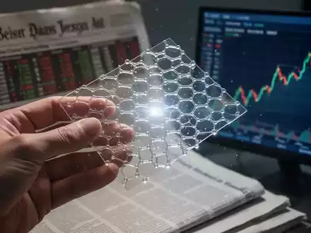 Nahaufnahme einer Hand, die ein schimmerndes Graphenblatt hält, mit verschwommenem Finanzhintergrund und Börsendaten. - Foto: über boerse-global.de