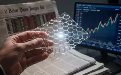 Nahaufnahme einer Hand, die ein schimmerndes Graphenblatt hält, mit verschwommenem Finanzhintergrund und Börsendaten. - Foto: über boerse-global.de