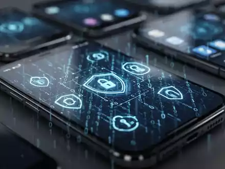 Nahaufnahme eines Smartphone-Bildschirms mit abstraktem Binärcode und Sicherheitssymbolen, im Hintergrund unscharfe Mobilgeräte. - Foto: über boerse-global.de