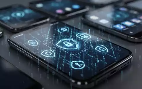 Nahaufnahme eines Smartphone-Bildschirms mit abstraktem Binärcode und Sicherheitssymbolen, im Hintergrund unscharfe Mobilgeräte. - Foto: über boerse-global.de